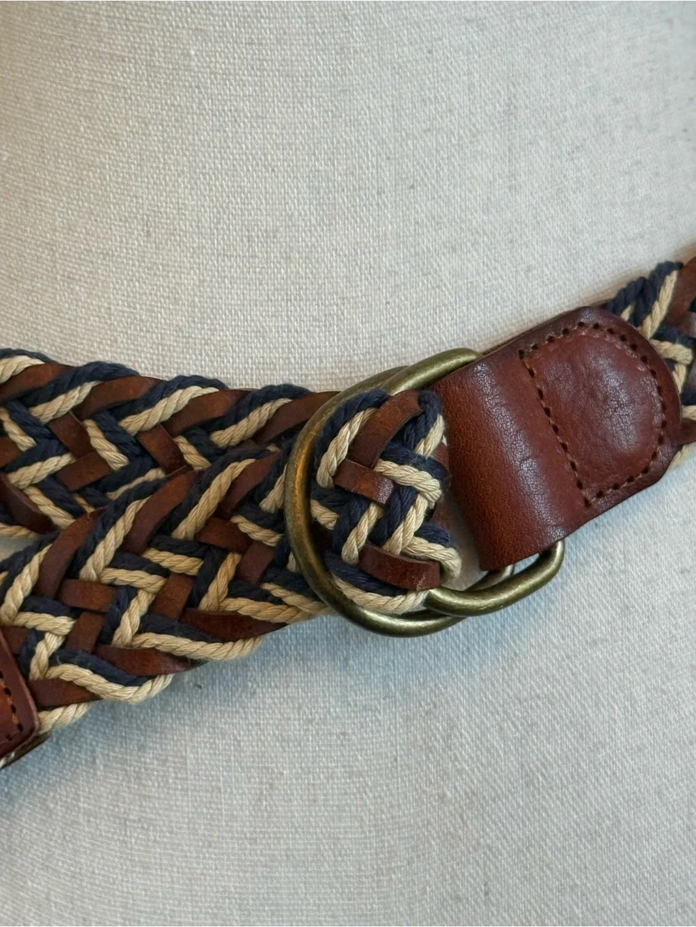Lucky Brand Braided Leather Rope D Ring Belt Size 36 Brown Navy Cream Woven